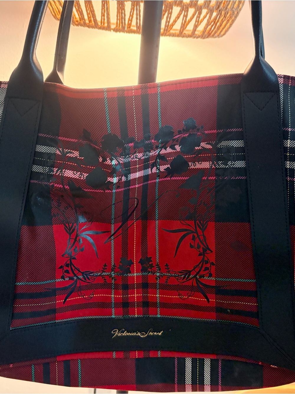 Victoria's Secret Red and Black Plaid Tote with Floral Overlay